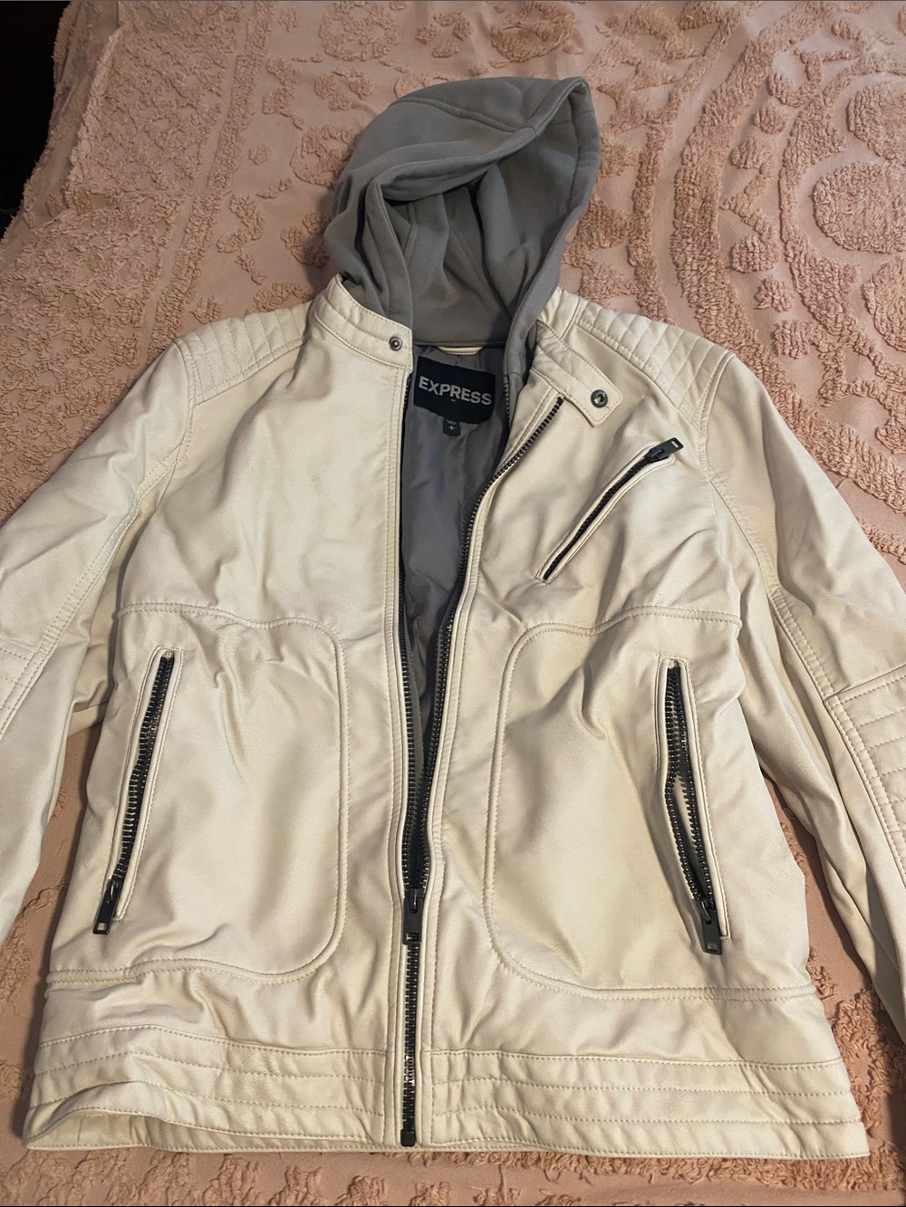 Express Cream Faux-Leather Bomber Jacket with Removable Gray Hood